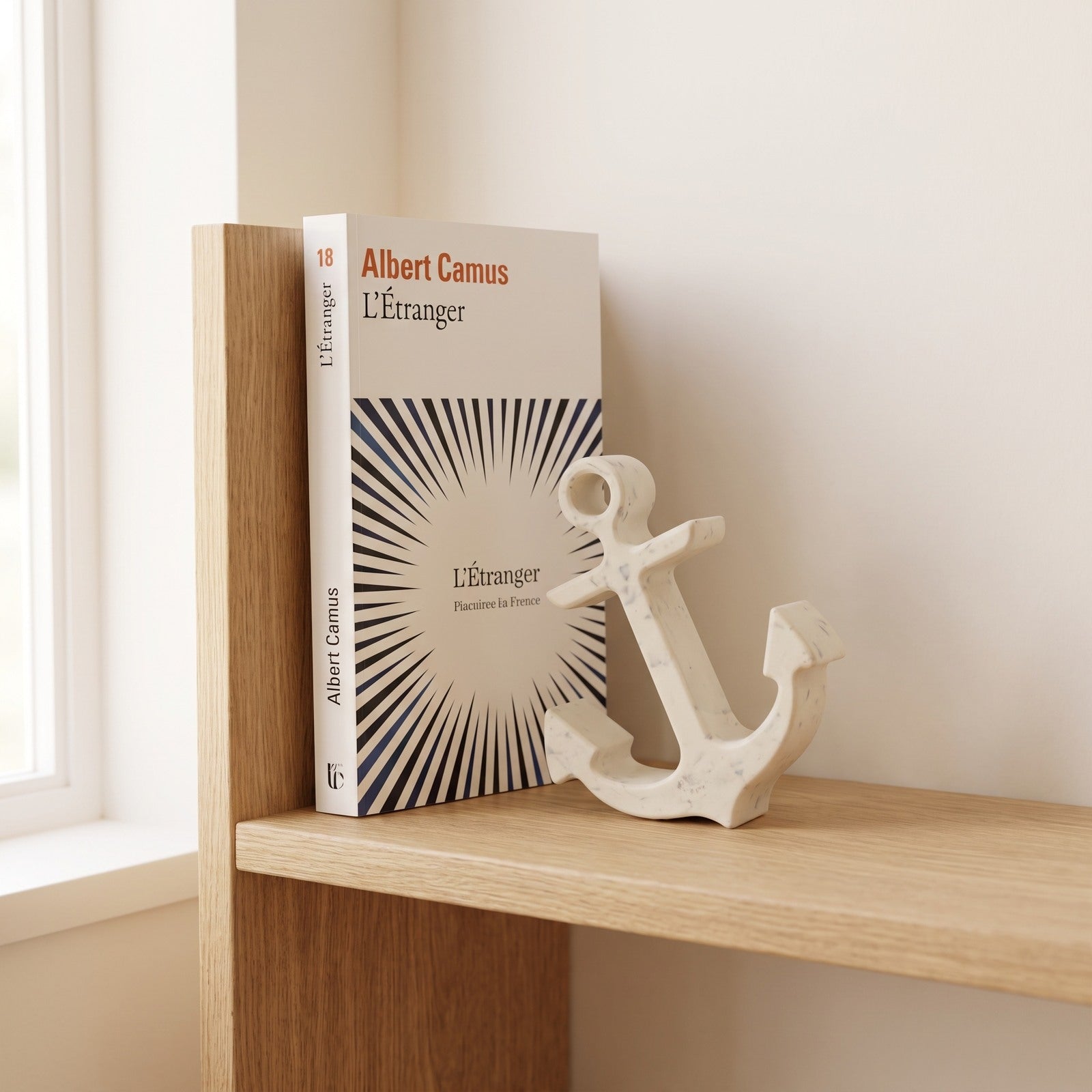 Petite ancre décorative artisanale présentée à côté d’un livre