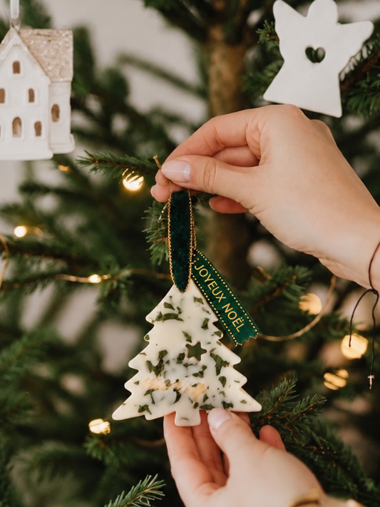 Sapin parfumé avec ruban vert Joyeux Noël accroché à une branche de sapin