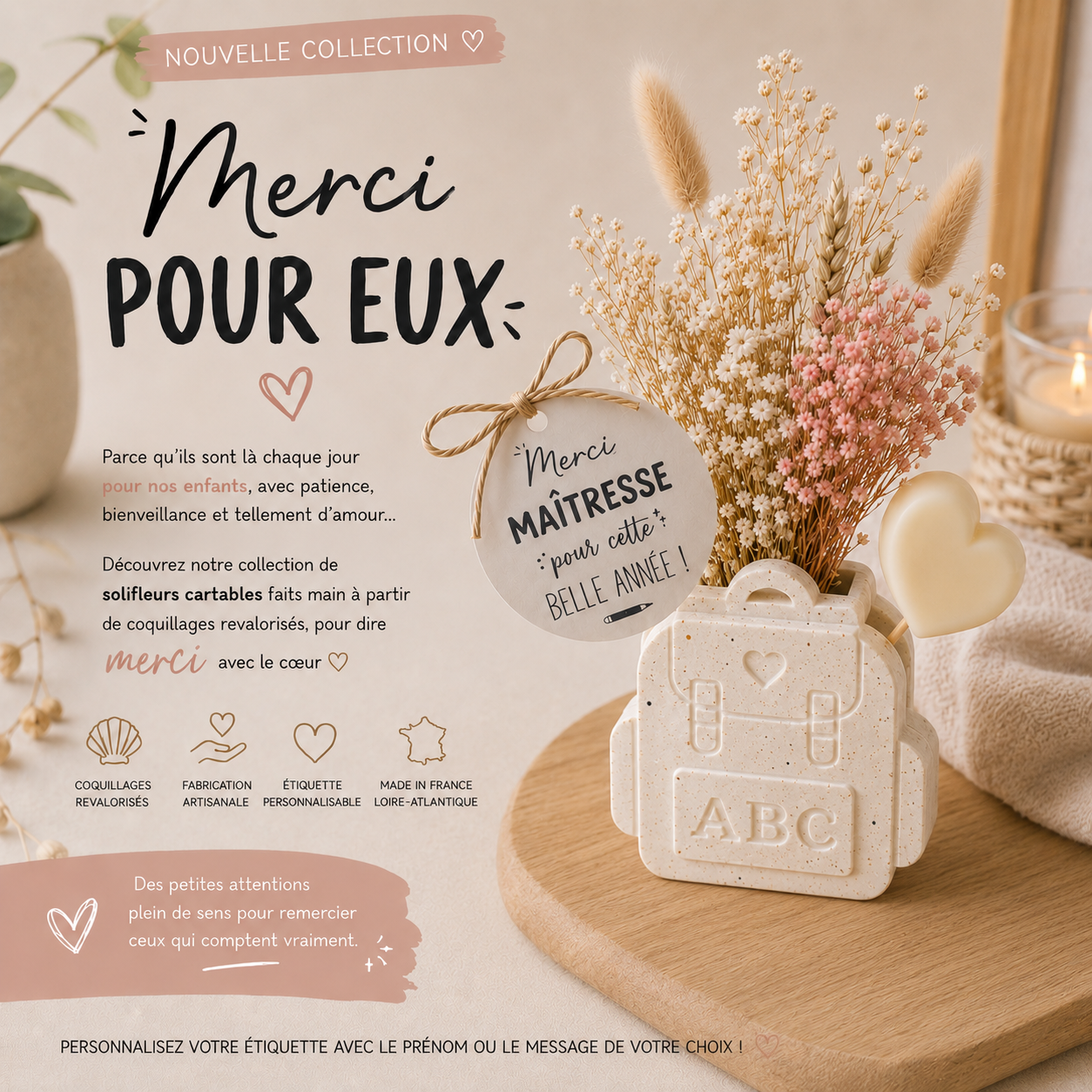 Solifleur Cadeau personnalisé enseignant – Fleurs séchées & création artisanale