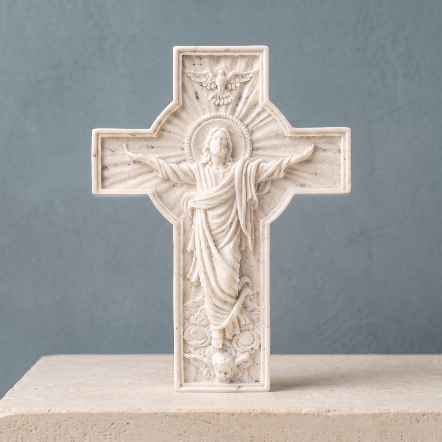 Croix du Christ ressuscité artisanale sur une tablette en pierre