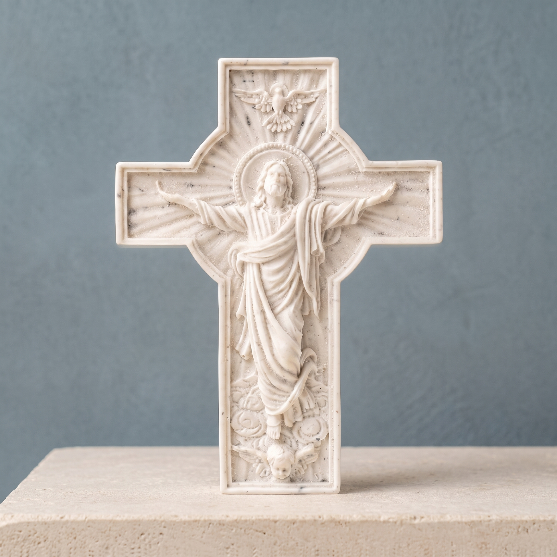 Croix du Christ ressuscité artisanale sur une tablette en pierre
