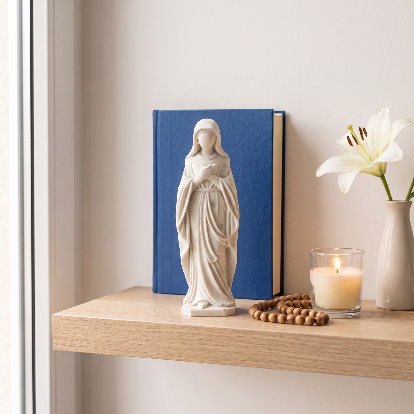 Petite Vierge Marie de 11,5 cm dans un coin prière contemporain