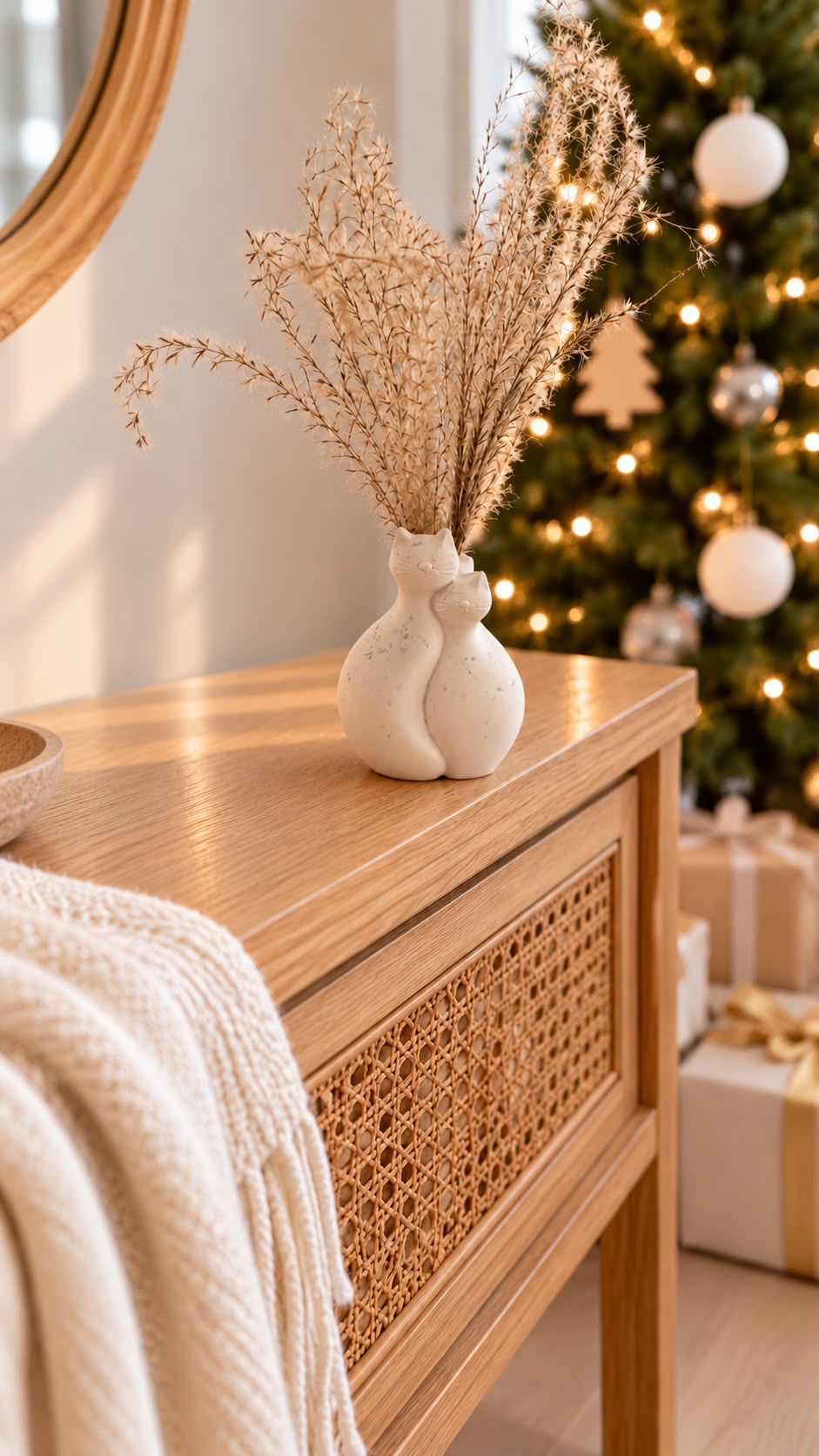 Soliflore Duo de chats avec des graminées séchées sur un meuble en bois et cannage, devant un sapin illuminé.