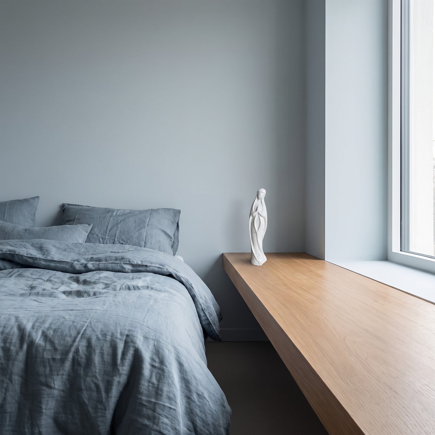 Statuette de la Vierge Marie sur une tablette dans une chambre contemporaine